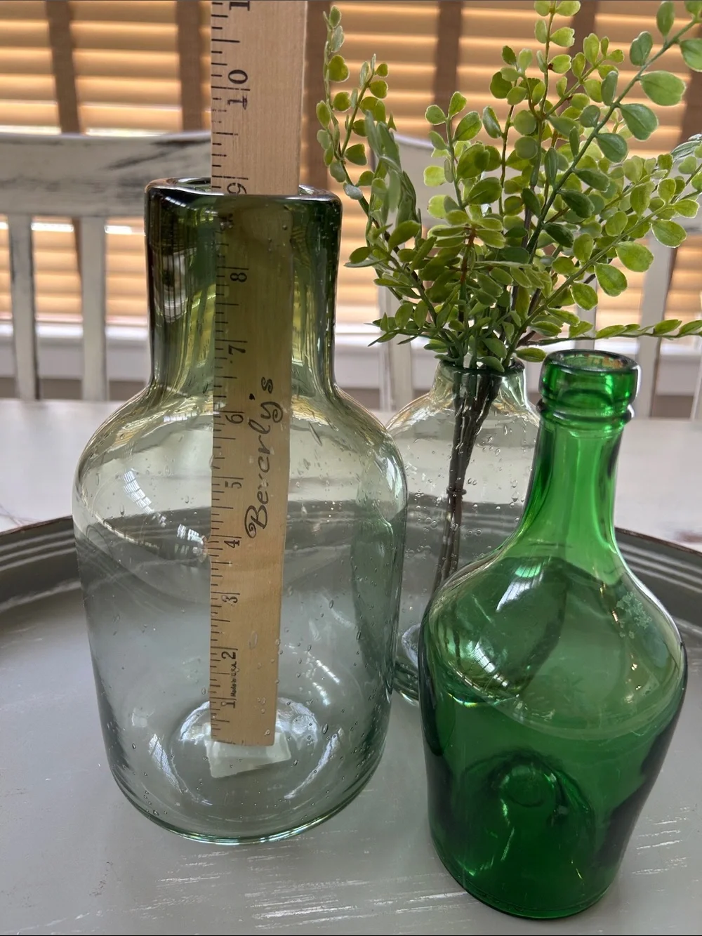 Green tabletop decor Glass vase accents shades of green Rustic modern farmhouse